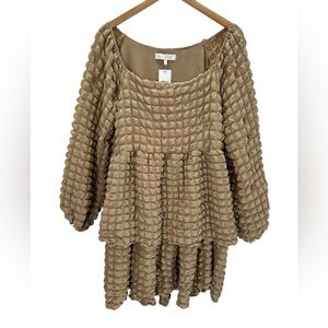 Simply Southern Textured Bubble Tiered Babydoll Mini Dress Long Sleeve Neutral L